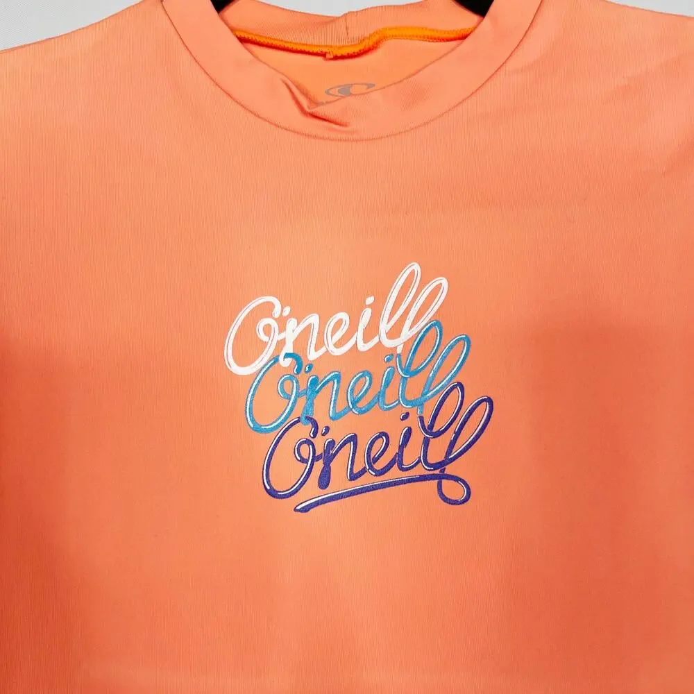 ONeill Girls Size 14 Bright Orange Short Sleeve Swim Rashguard Top Skins UPF 50+